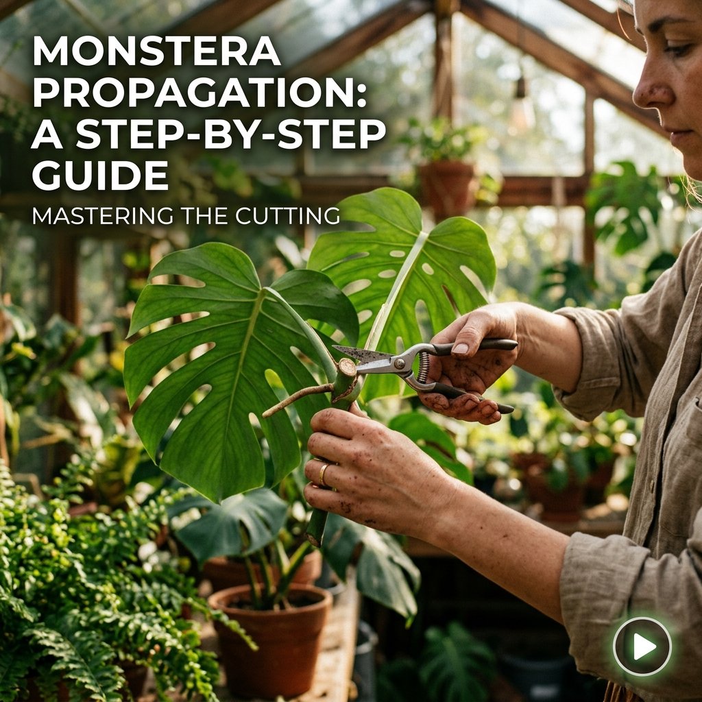 Close-up of botanist's hands performing stem propagation on a Monstera plant in a sunlit greenhouse